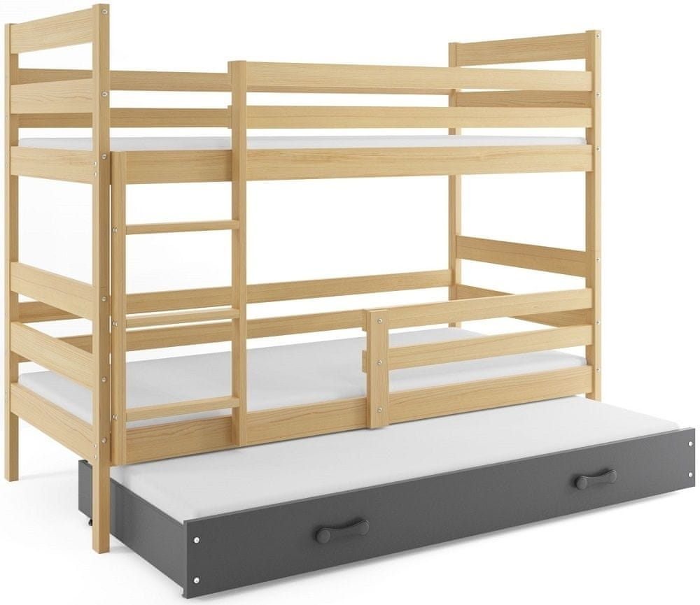 eoshop Poschodová posteľ s prístelkou ERYK 3 80x190 cm, borovica/grafitová (Voľba matraca: Penový matrac)